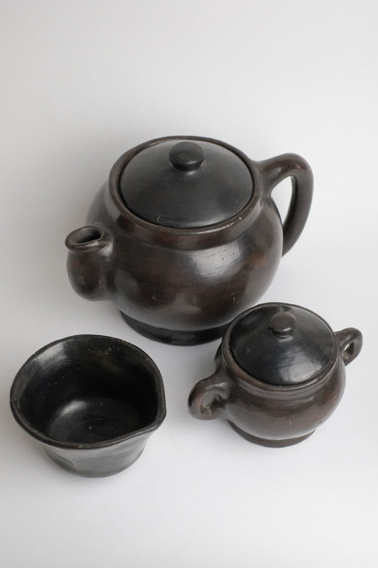 Vintage Black Clay Pottery Set