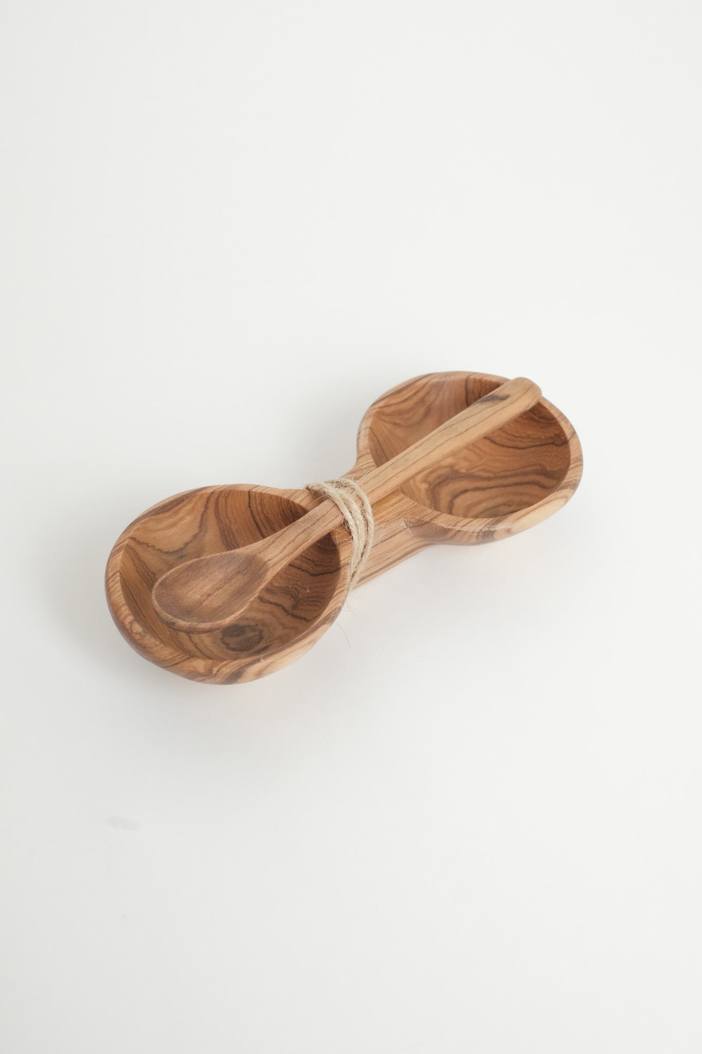 Olive Wood Double Spice Bowl w/ Spoon